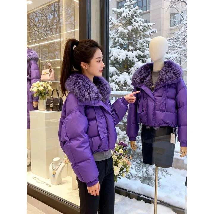 2025冬季新款超好看紫色大毛领棉衣棉袄加厚保暖短款夹棉棉服外套