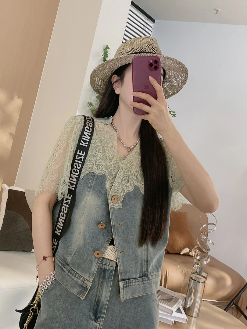 【牛仔套裤】蕾丝短袖软牛仔上衣+九分阔腿裤两件套（YD白3）8227