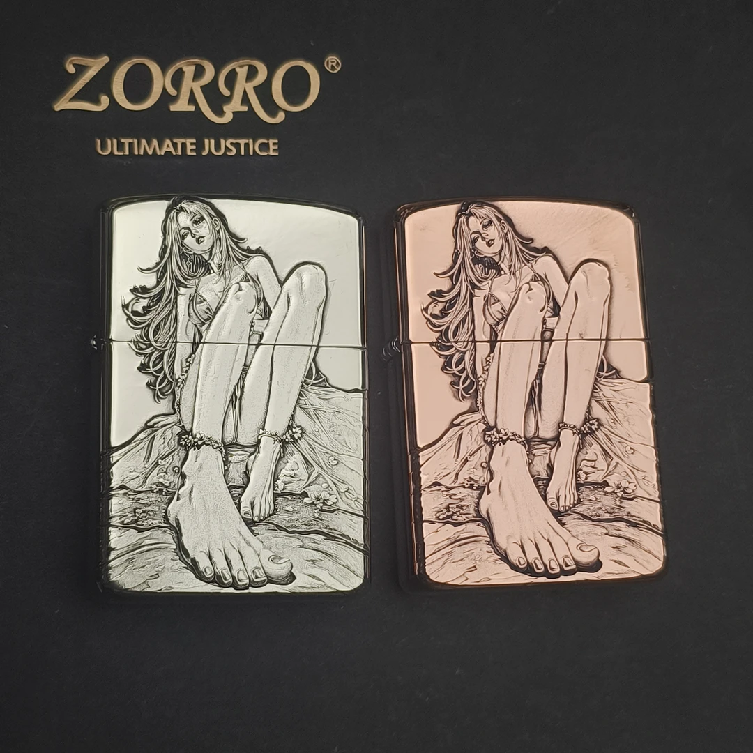 ZORRO二代佐罗大脚美女双面浮雕黄铜煤油打火机老式复古防风个性