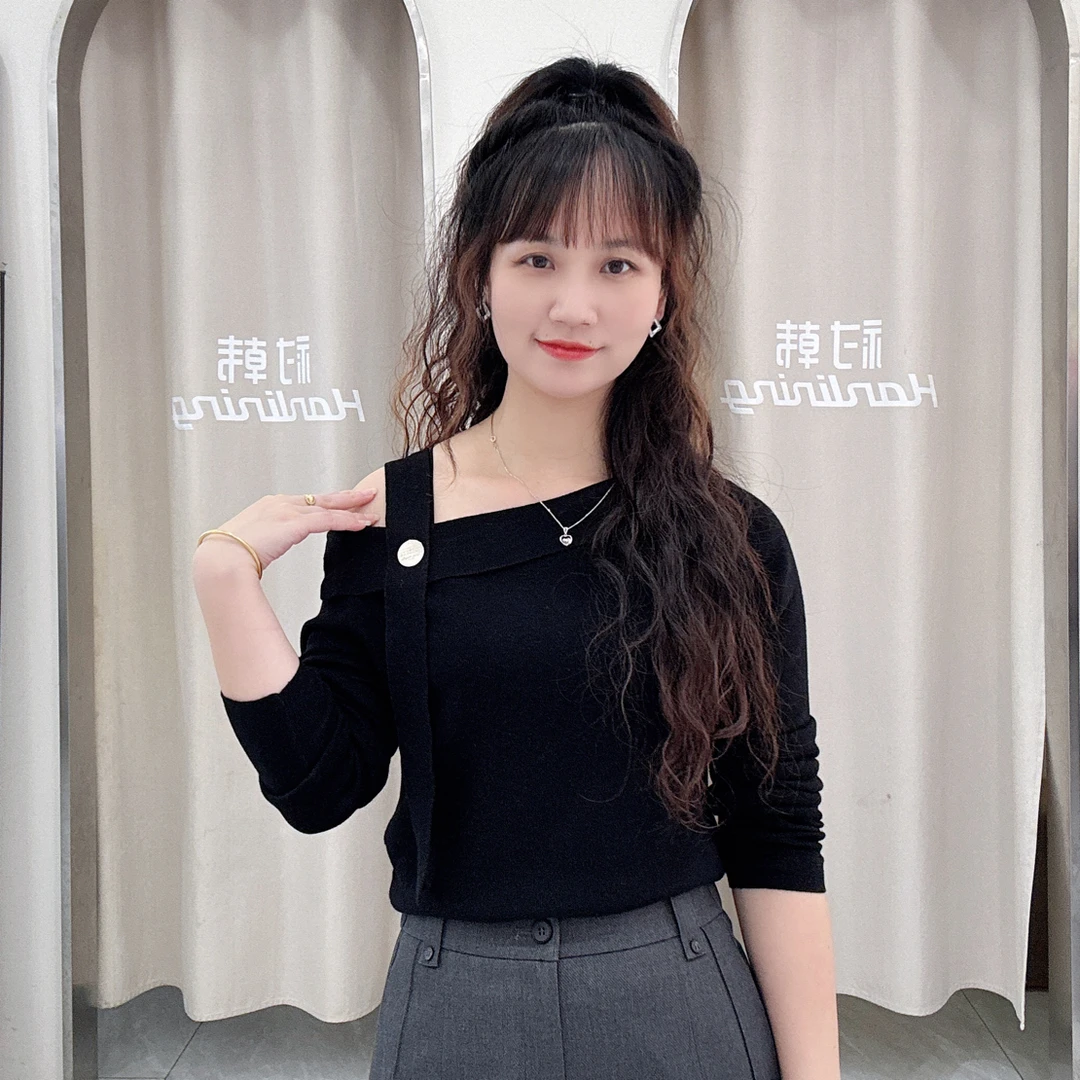 斜肩露半边肩针织长袖秋季羊毛针织衫早秋百搭显瘦上衣JC9169