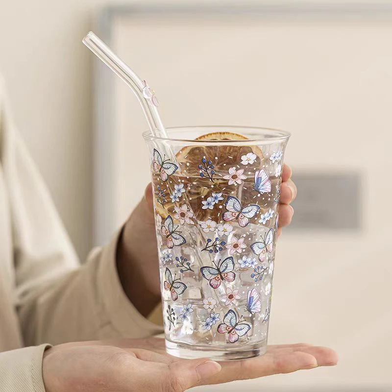G2129-蝶恋花玻璃杯带吸管