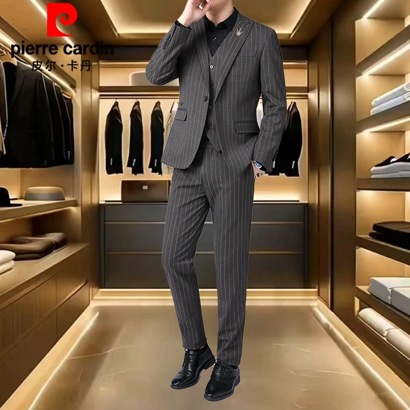 皮尔卡丹商务休闲修身条纹西装男男士结婚西服三件套高档礼服春秋