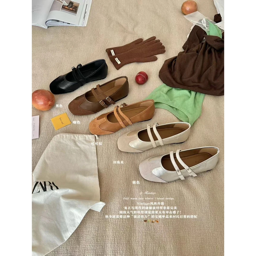 简洁有力！牛皮双鞋盼绒面拼皮浅口平底单鞋（跟高2）（XZa2818#）AWY