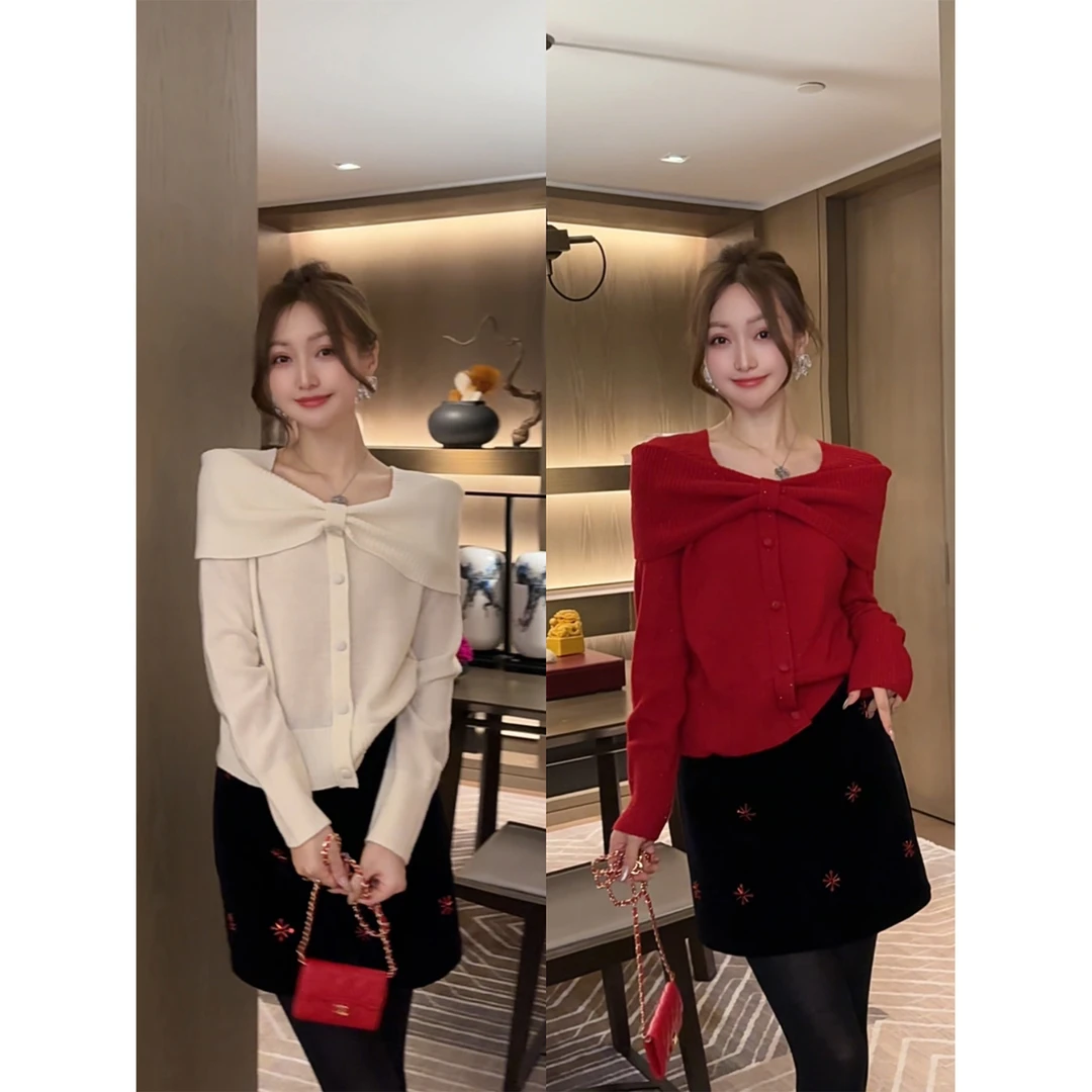 W·HAHA【甜欲狙击】100绵羊毛蝴蝶结软糯针织衫11052