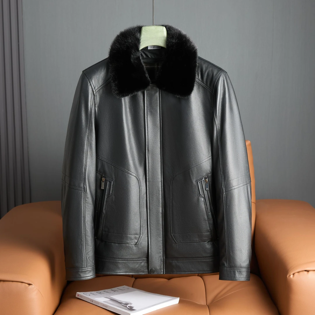 2825海宁头层皮牛皮商务獭兔内胆皮毛二体水貂领时尚百搭经典男款