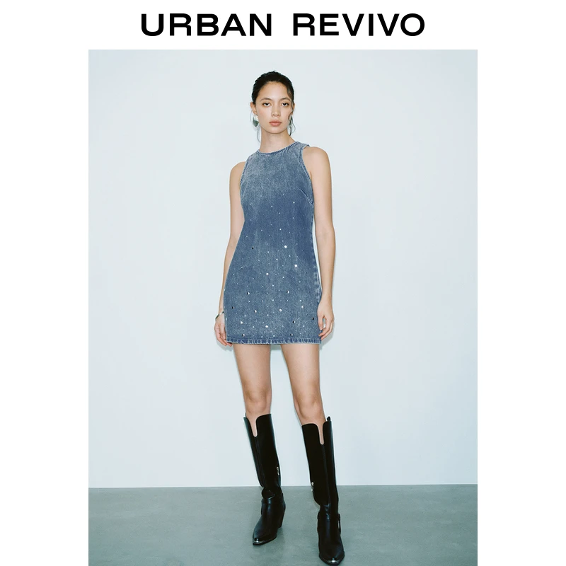 UR2025春季新款女装欧若风复古休闲钉珠无袖牛仔连衣裙UWG850047