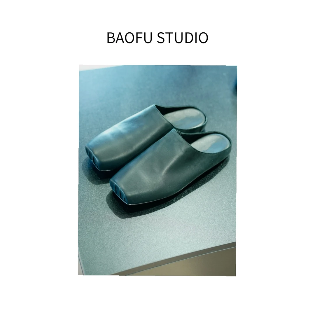 BAOFU studio | 复古磨砂猪鼻方头拖鞋厚底包头一脚蹬舒适鞋