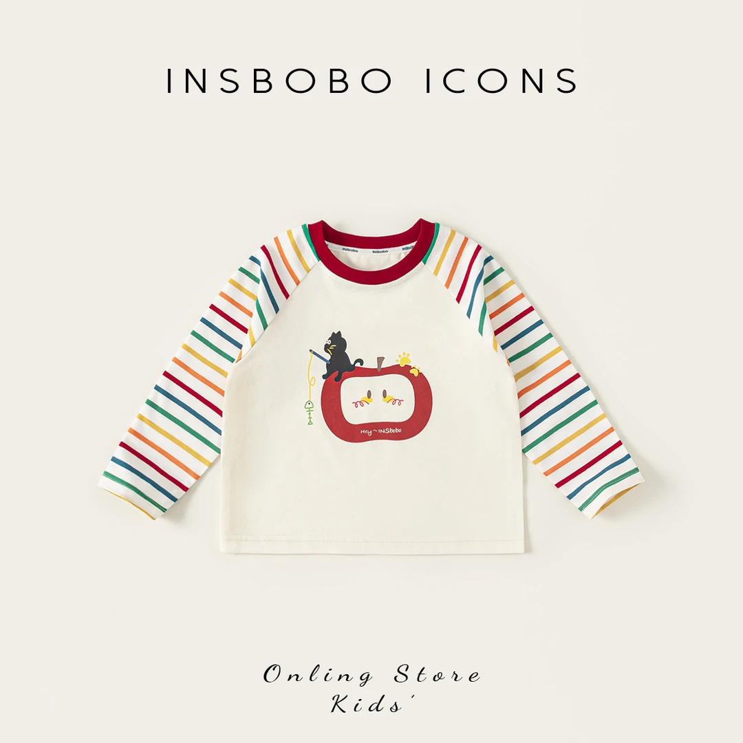 QY85124【秋】儿童上衣（圆领插肩条纹袖可爱印花T恤）