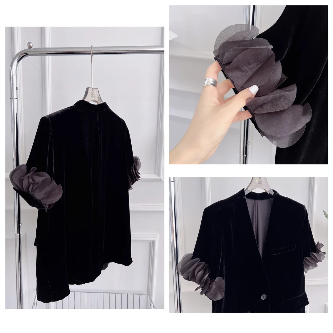 MEIPEI【黑天鹅】真丝丝绒花朵袖西装24062703