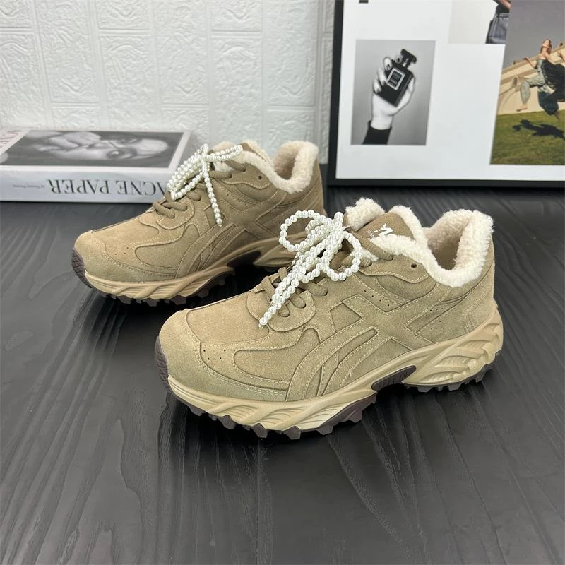 正品复古厚底老爹鞋女鞋2025冬季新款磨砂皮加绒休闲运动鞋阿甘鞋