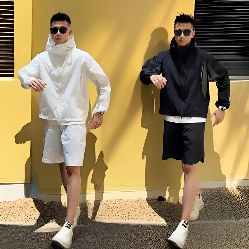 夏季新款男款速干防晒衣套装拼接设计轻薄透气时尚连帽防晒一整套