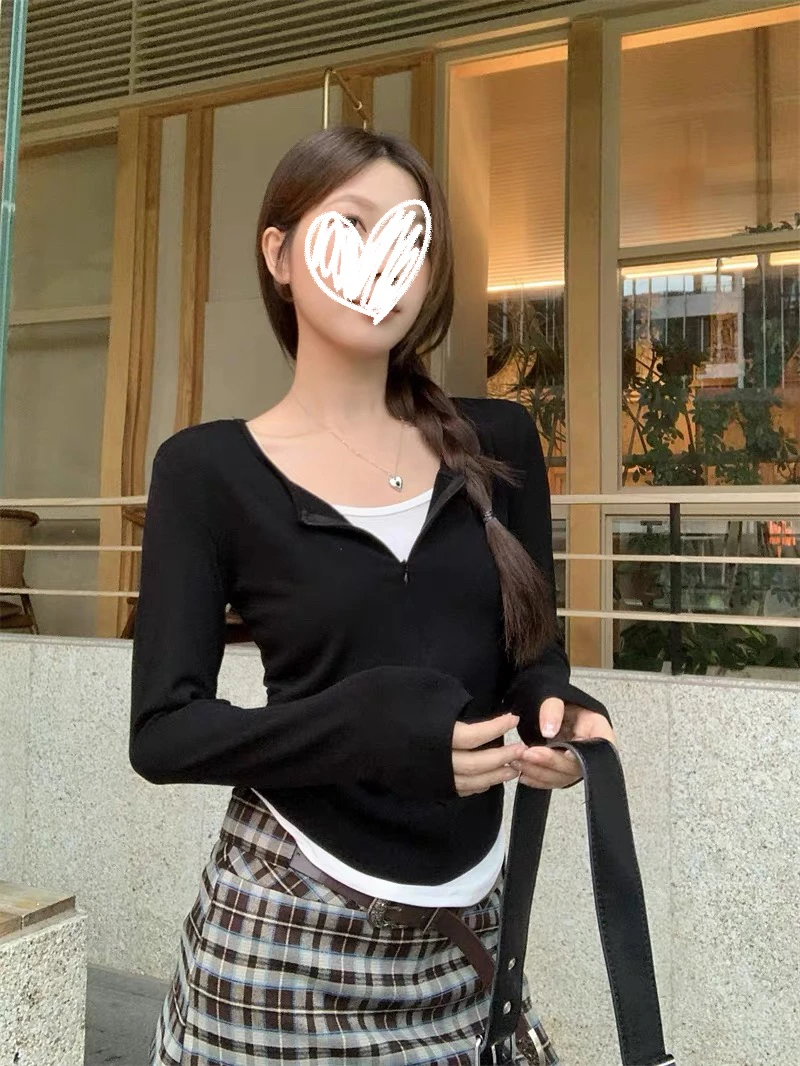 88118 韩系设计感假两件拉链收腰长袖T