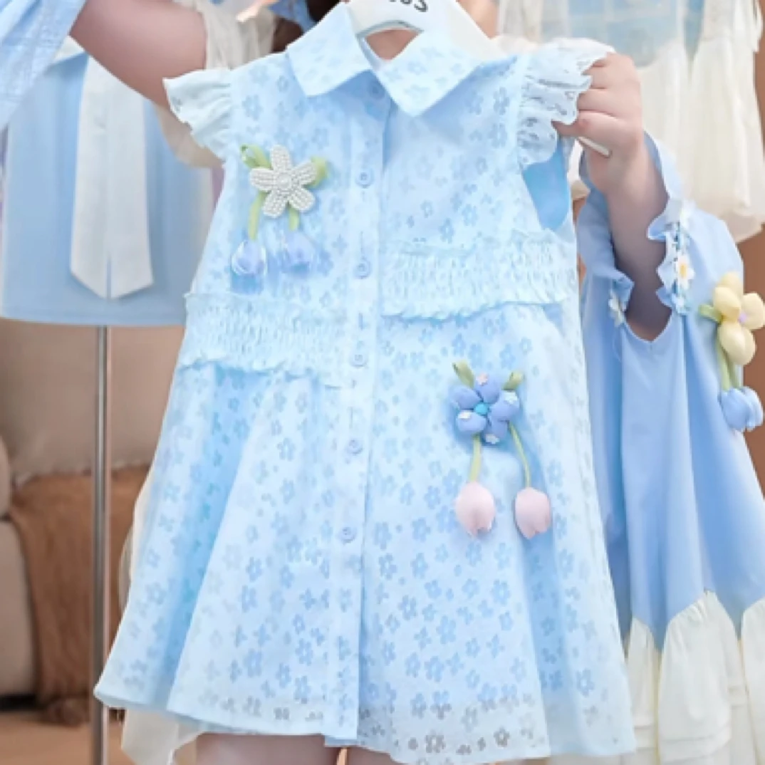 女童时尚甜美立体花朵衬衫裙花边飞袖宝宝连衣裙2025夏季新款蓝色