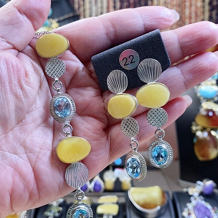 琥珀颈饰银S925镶嵌吊坠耳环两件套