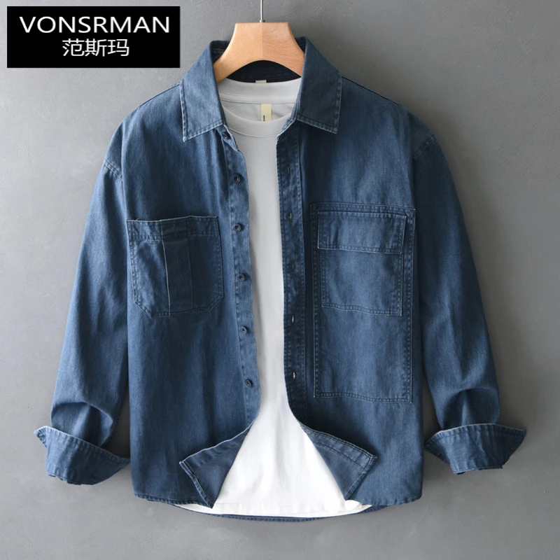 日系复古牛仔长袖衬衫男工装秋季上衣寸衫休闲宽松时尚衬衣外套