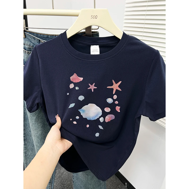 贝壳海星印花圆领短袖t恤女夏新款氛围感chic原宿风宽松半袖上衣