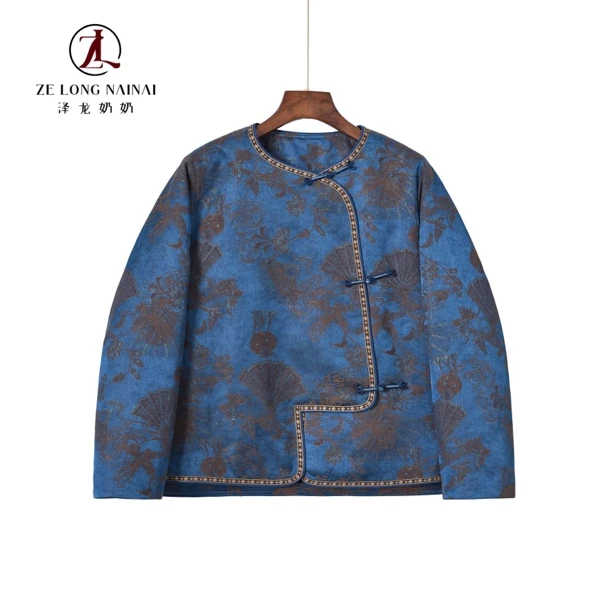 4939墨染扇云盘扣蕾丝花棉服斜襟唐装优雅国风短款棉衣