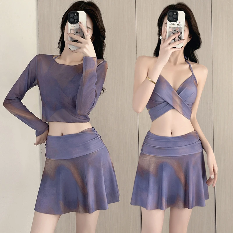 泳衣女分体三件套长袖防晒时尚小胸聚拢保守显瘦温泉性感海边度假