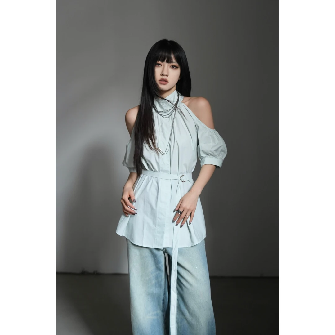 呆毛DM.FACTORY 夏季新款小众设计感腰带露肩薄荷绿衬衫DMJ3725