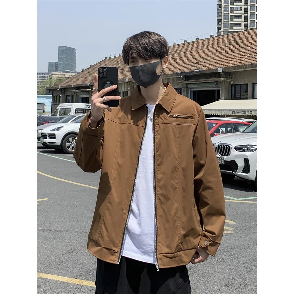 【TQUX港奢男装】美国覆古棕色工作夹克男士高街宽松翻领商务夹克