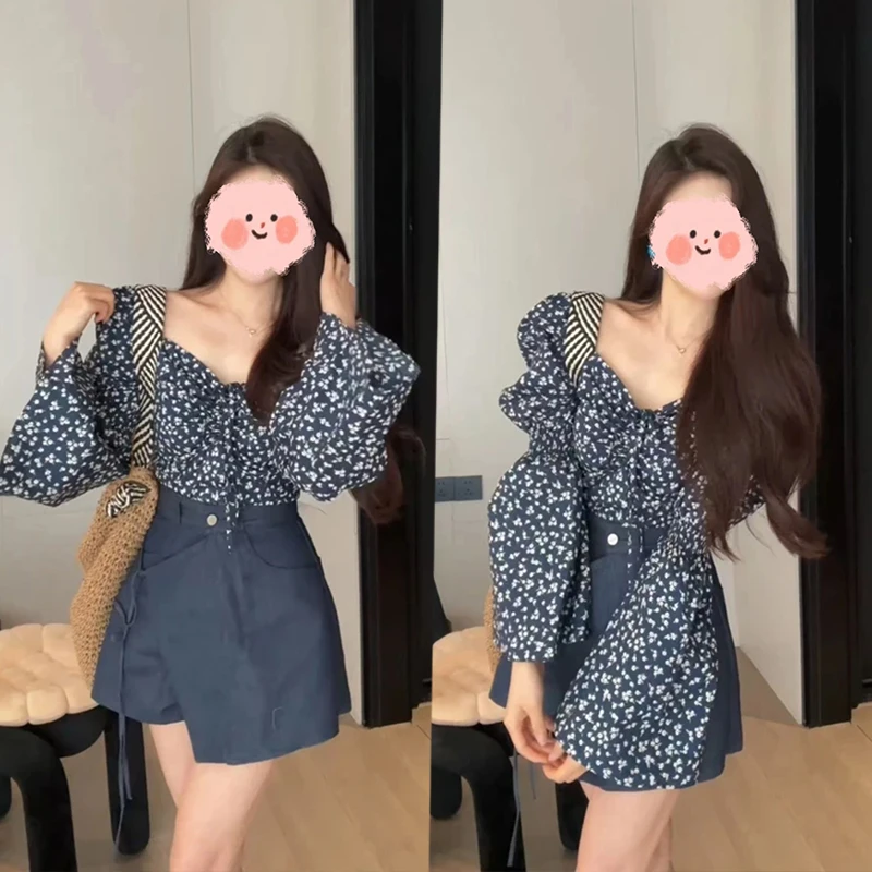 2230泡泡袖碎花衬衫收腰设计短款长袖上衣不规则小个子裙裤套装