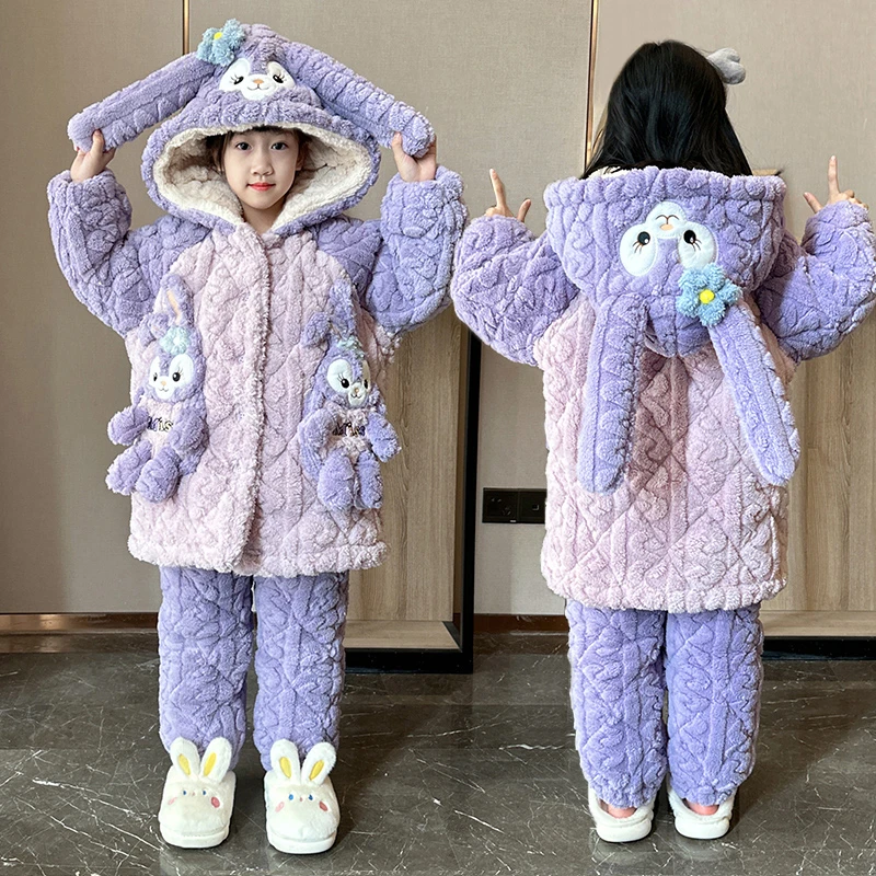 儿童睡衣女童三层加厚夹棉冬款套装小女孩珊瑚绒加厚法兰绒家居服