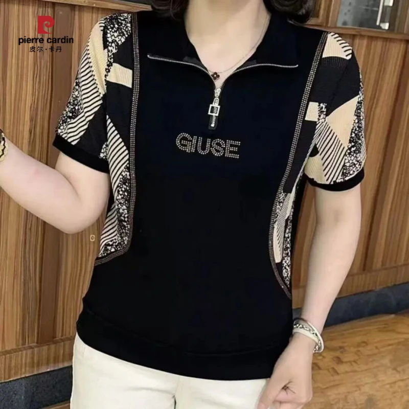 皮尔卡丹2025夏季翻领半拉链拼接短袖洋气百搭减龄显瘦气质妈妈装