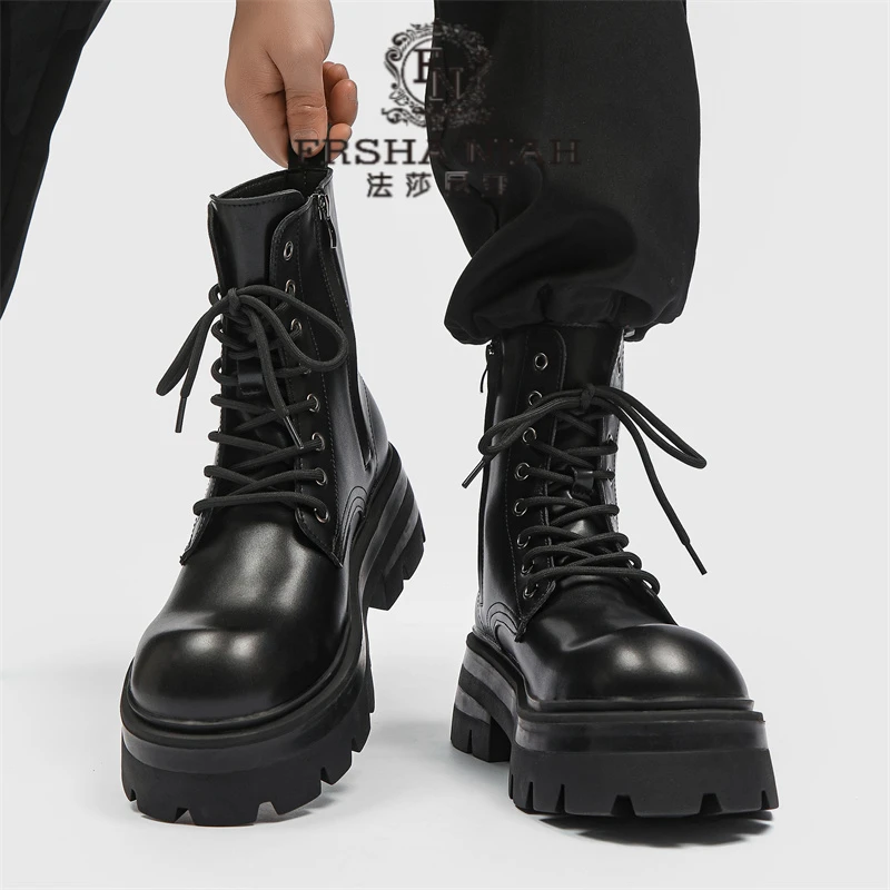 法莎尼亚高级感痞帅马丁靴男士厚底增高靴子真皮秋冬季时尚百搭鞋