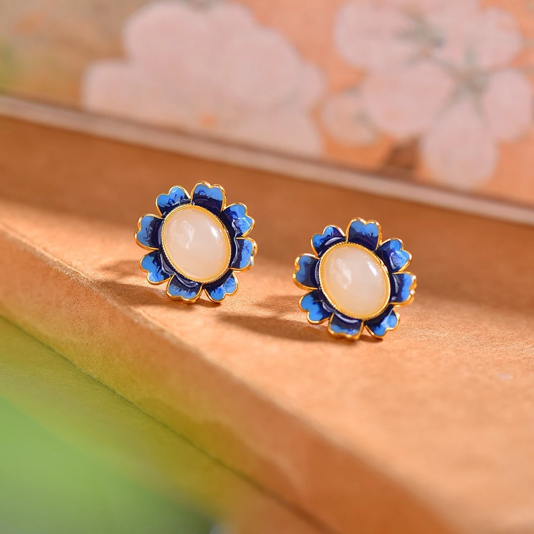 S925银镶嵌天然和田玉繁花耳钉新中式珐琅耳坠复古耳饰7854