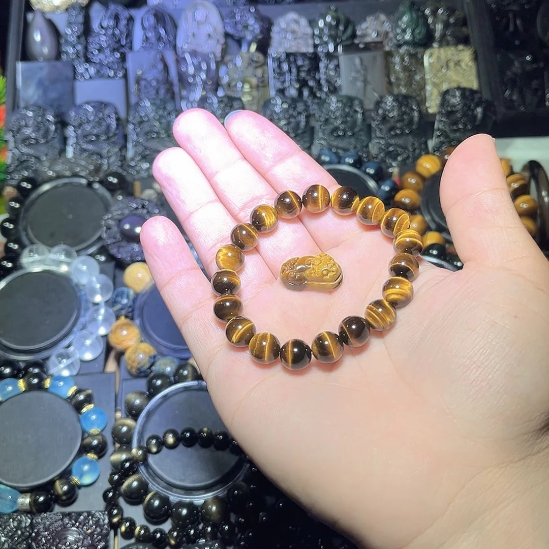 黑曜岩未镶嵌手串l****瑾黄虎眼10m闪电M纹加黄虎眼貔貅