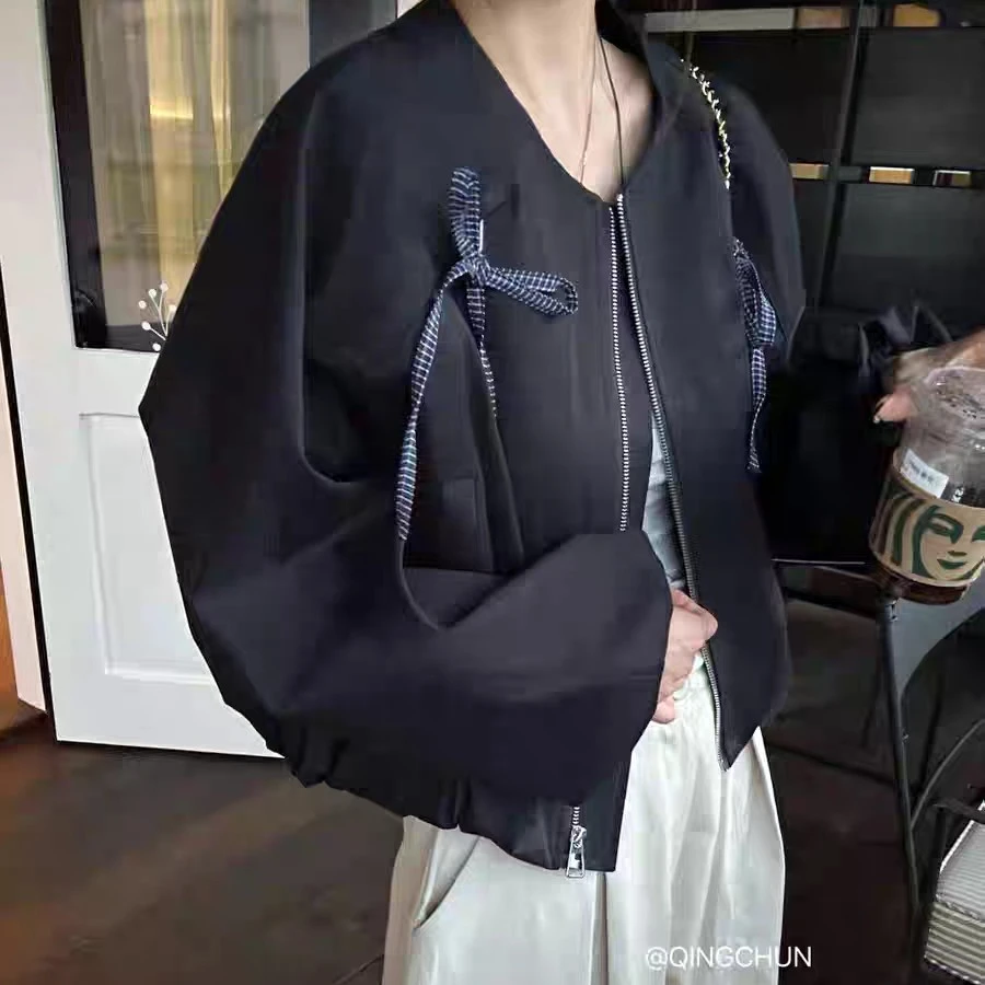 秋季蝴蝶结女透气短款秋季短外套百搭休闲bra双层宽松