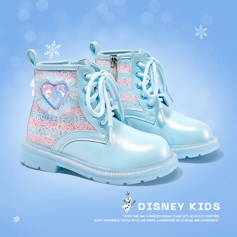 迪士尼艾莎公主秋冬季女童水晶靴子英伦风时尚系带装饰中筒皮靴