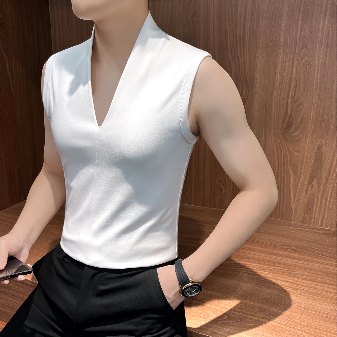 棉无袖坎肩背心男款夏季薄款冰丝透气上衣V领设计痞帅男士短袖T恤