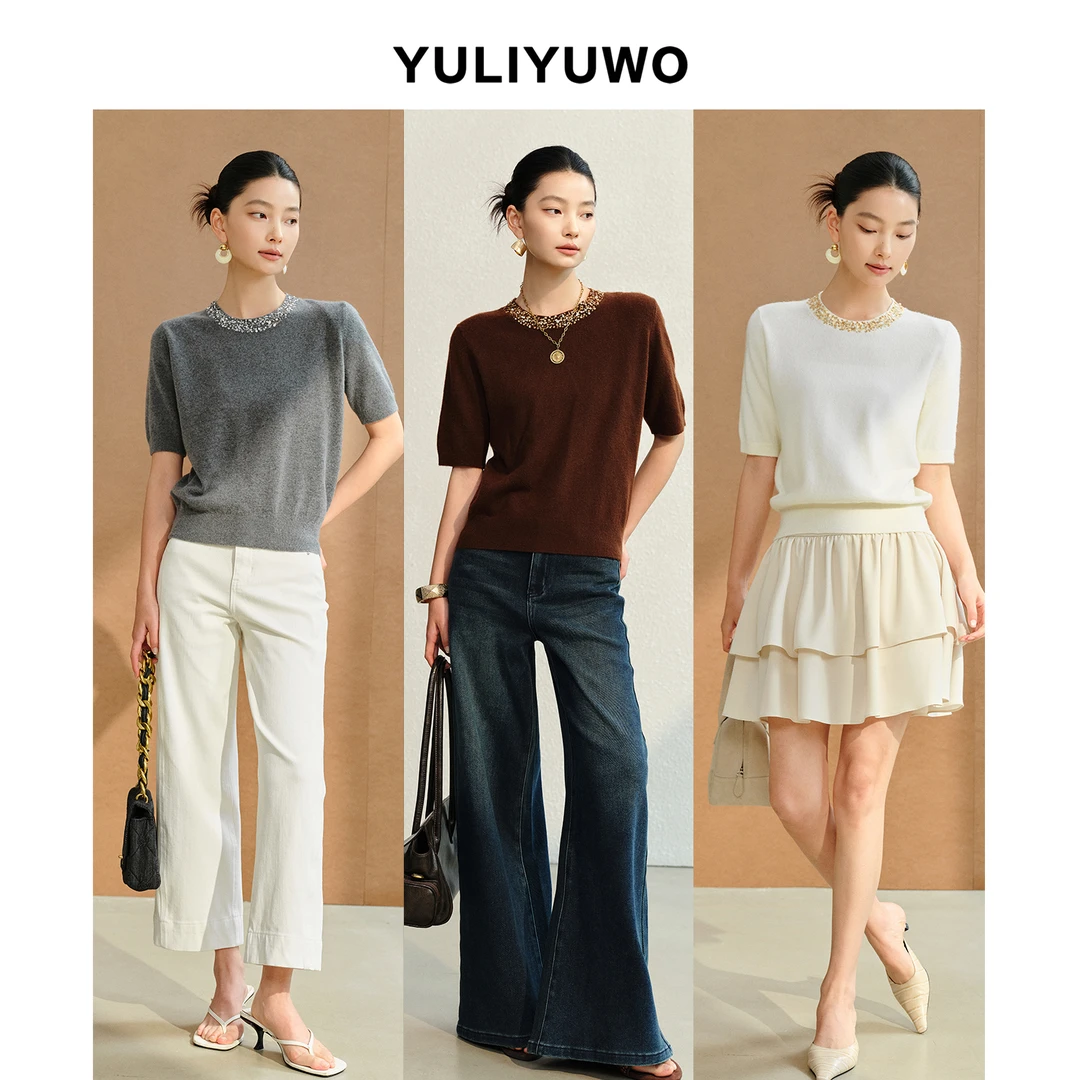 与里与我/羊毛圆领短袖针织衫宽松亮片长袖开衫上衣女秋257587Y