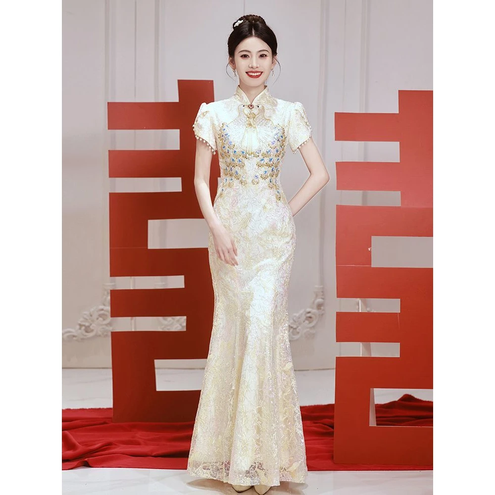 中式旗袍敬酒服新娘2025亮片鱼尾结婚订婚礼服裙高端轻奢小众回门