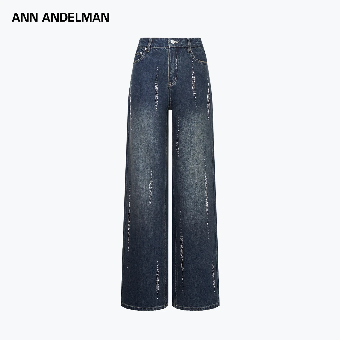 ANN ANDELMAN25秋冬 阔腿裤牛仔裤烫钻休闲裤做旧女装女筒裤中腰