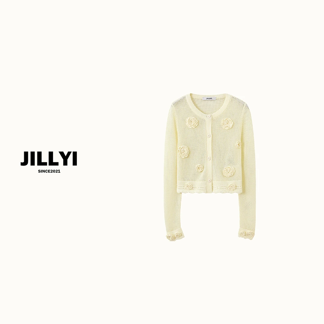 jillyi【金盏花开】杏色圆领立体小雏菊装饰镂空工艺时尚针织开衫