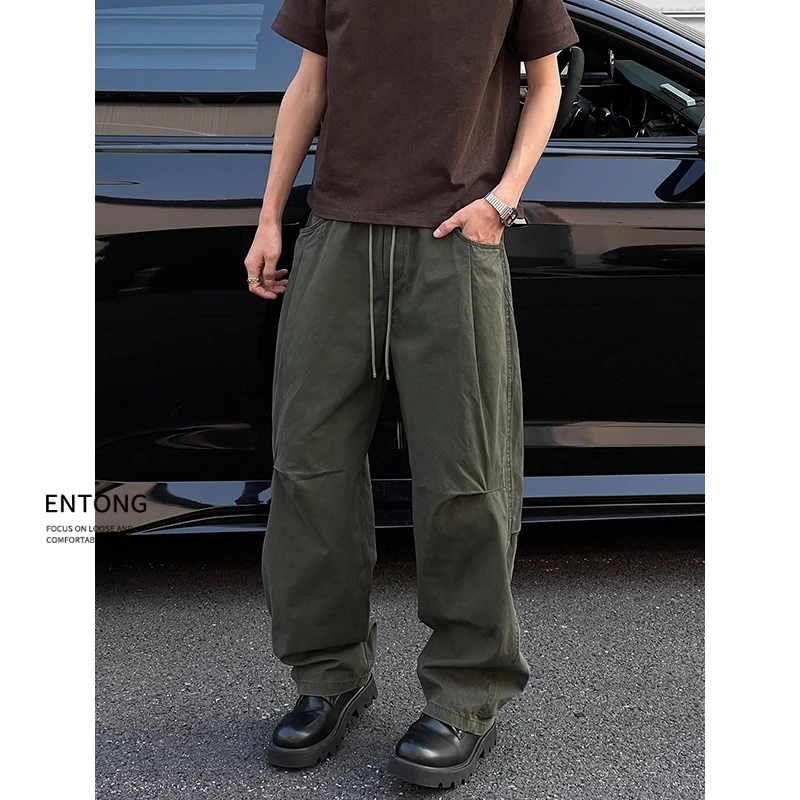 Entong美式潮牌复古褶皱宽松阔腿抽绳休闲裤男生vibe直筒工装裤子