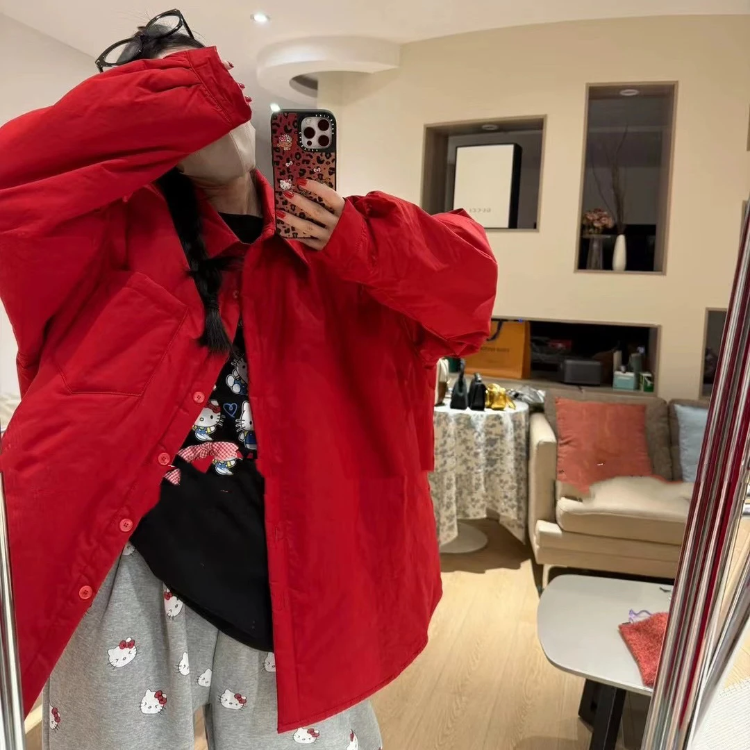 【新年快乐】新款夹棉阔版纯色衬衫女单排扣宽松慵懒风加厚外套