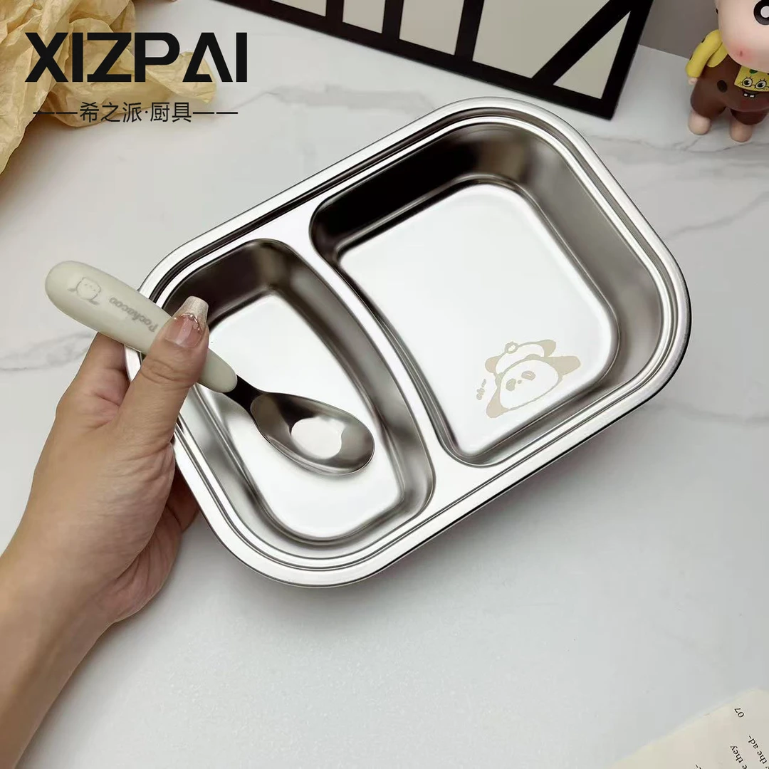 304不锈钢儿童餐盘分格盘学生快餐盘宝宝辅食盘带勺子食堂