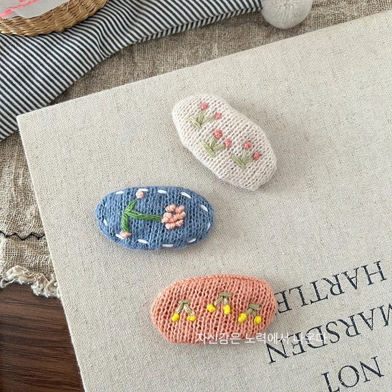 【满19.9包邮】春季新款百搭韩版毛线刺绣BB夹发饰儿童公主发夹发饰