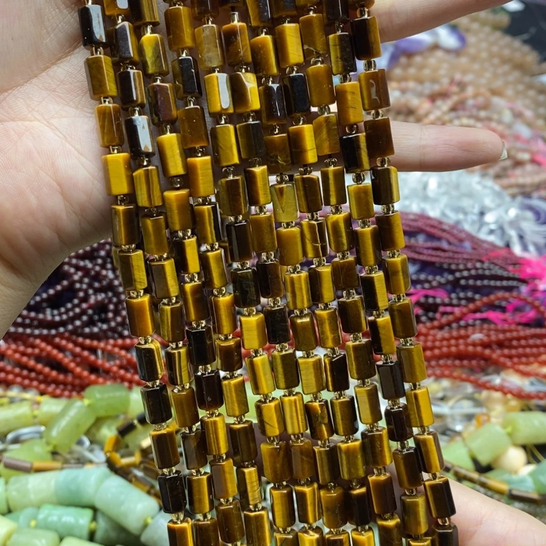 未镶嵌玛瑙/玉髓珠宝半成品一条纯天然黄虎石6×9mm六面切桶珠