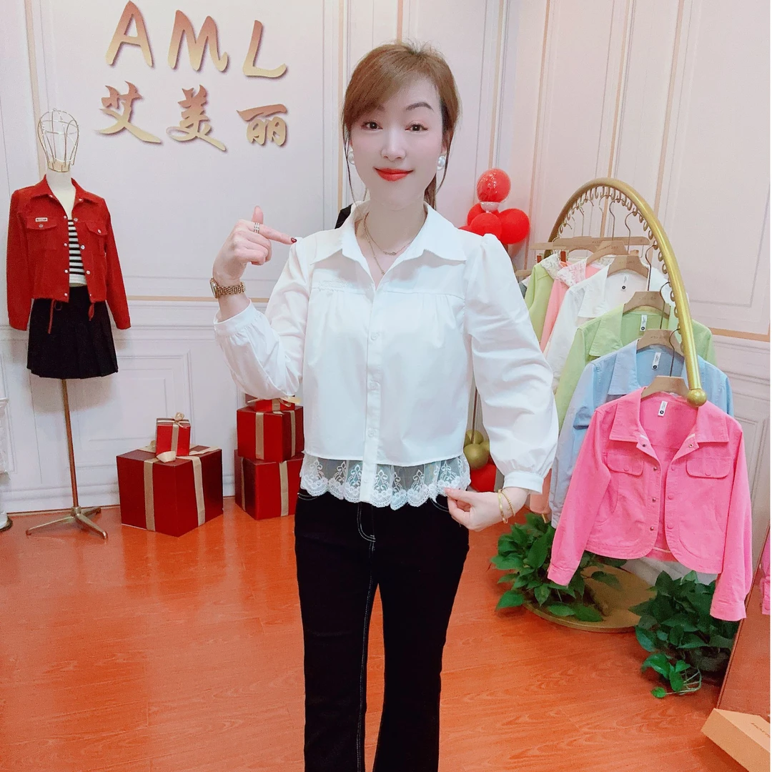 AML5 下摆蕾丝拼接2025新款显瘦百搭时尚灵动感短款九分袖女衬衫