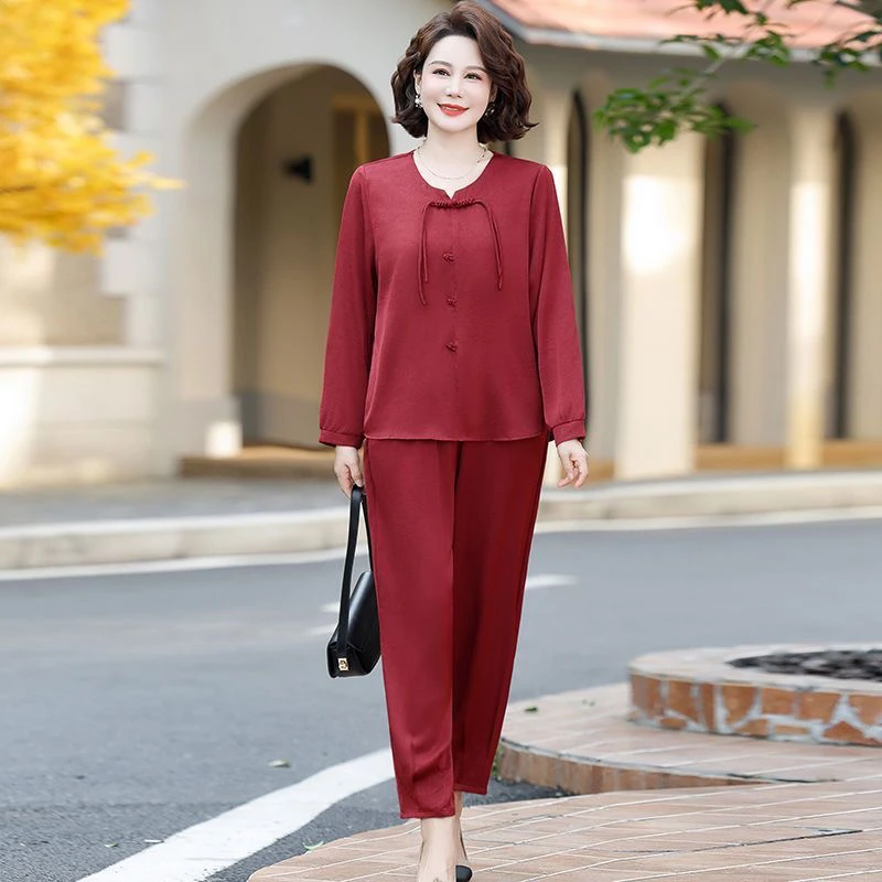 亿家3018妈妈新款时尚长袖宽松显瘦中老年妈妈装套装