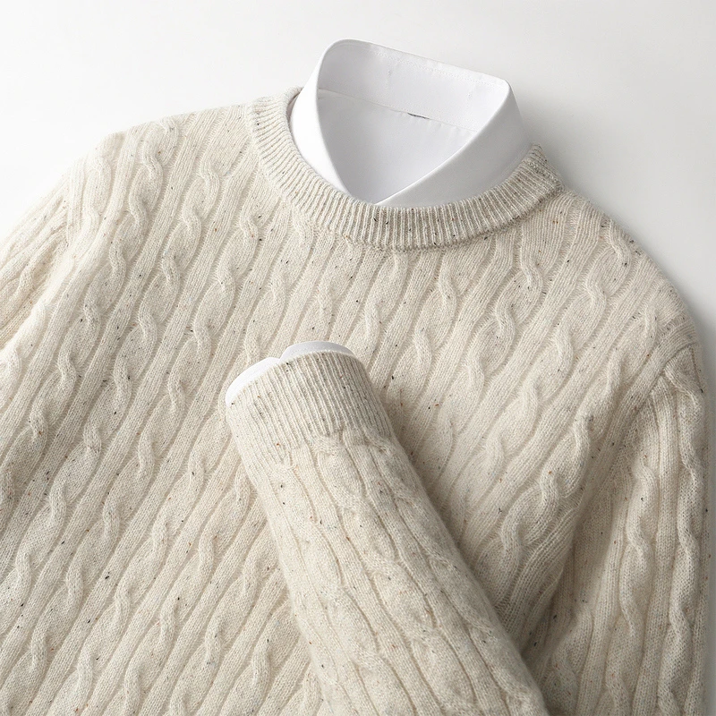 时尚大男孩~秋冬款90支100%羊毛七针加厚圆领麻花休闲时尚羊毛衫S