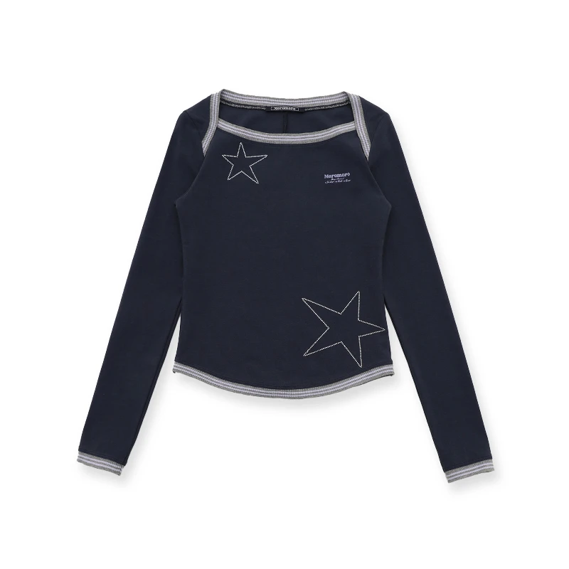 Moromoro星星烫钻彩色间条罗纹系列吊带背心一字肩短袖长袖上衣