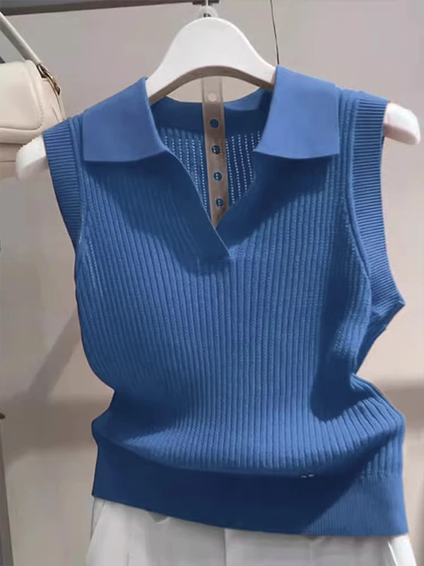 深蓝色简约翻领无袖针织背心女2025夏季新款凉感休闲通勤百搭上衣