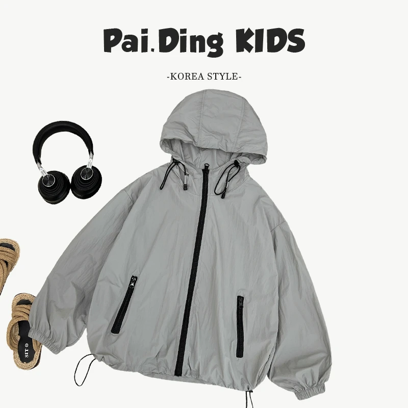 【小首尔】Q现货-夏装儿童韩版时尚简约字母印花宽松连帽外套SJ5664