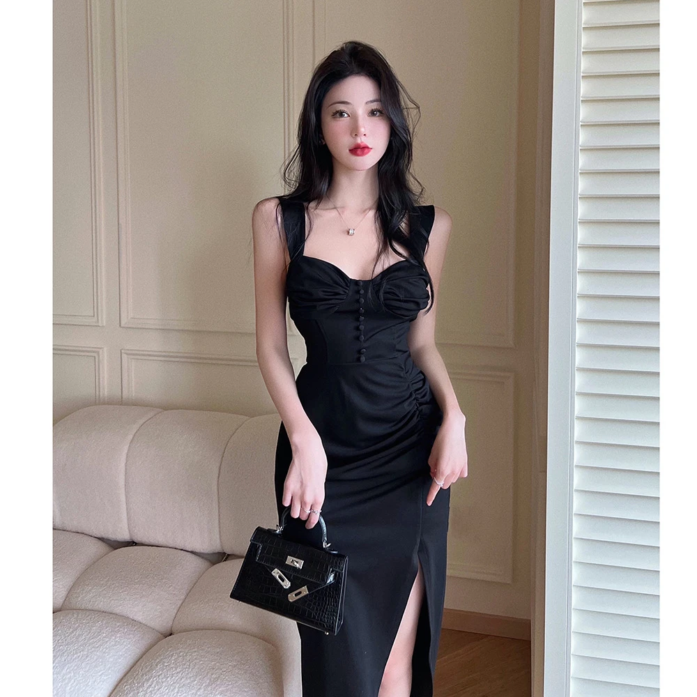 跨境欧美女装礼服长裙法式纽扣褶皱方领修身开叉吊带连衣裙