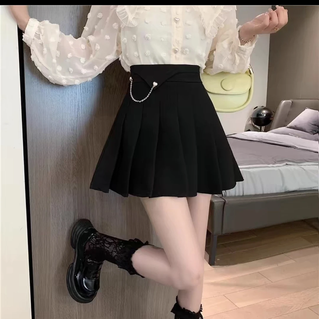 2057重工百褶裙女小个子高腰链条短裙西装设计感显瘦a字裙半身裙